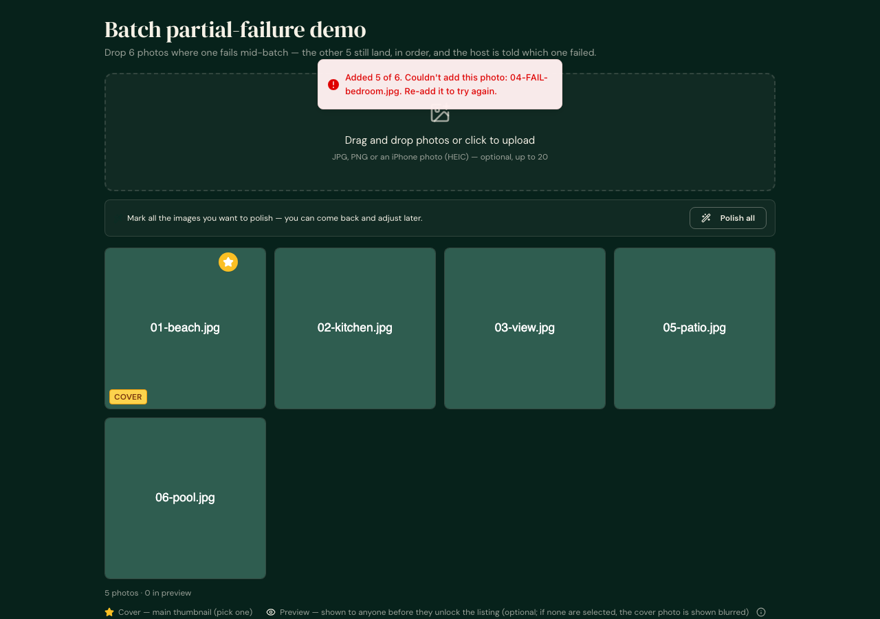 Desktop: 5 of 6 photos landed in order, failure message names 04-FAIL-bedroom.jpg